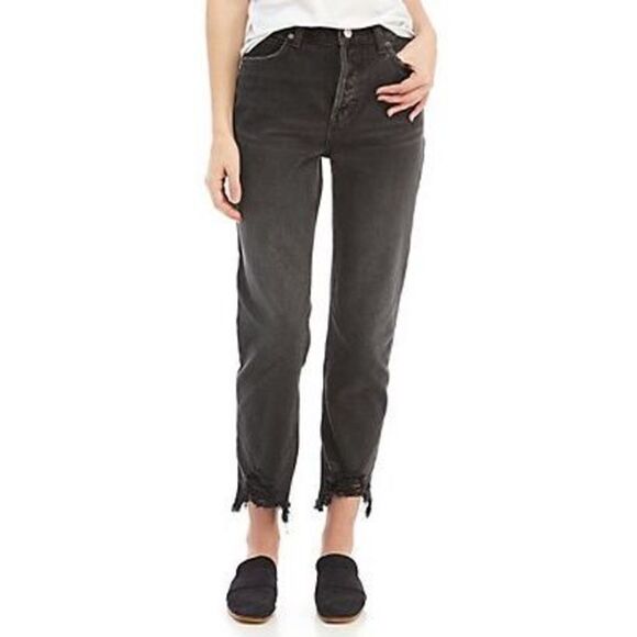 We The Free Free People Black Chewed Up Mid-Rise Straight Jeans Button Fly Size - Picture 1 of 7